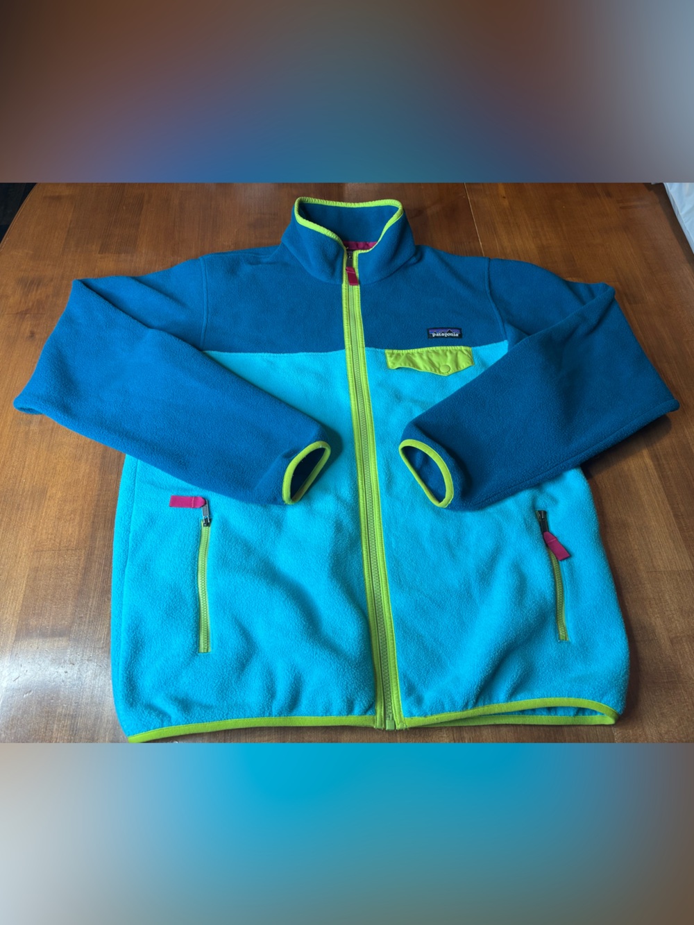 Patagonia Synchilla Woman’s Teal & Turquoise Fleece Jacket with Lime Trim Size L